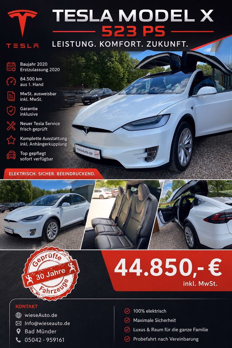Tesla Model X Long Range Plus Service Bremse Neu Mwst. ausweis 1. Hand Unfallfrei AHK Mwst