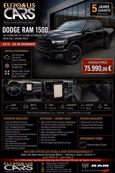 Dodge RAM 1500 Crew Night 12 Zoll BLIS 3,0ltr Hurric